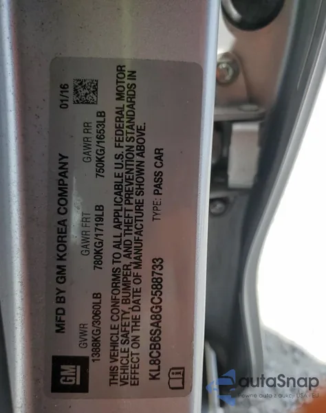 2016 Chevrolet Spark Ls z USA, uszkodzony, nr VIN KL8CB6SA8GC588733